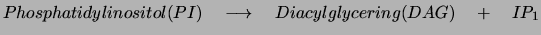 $Phosphatidylinositol (PI) \quad \longrightarrow \quad
Diacylglycering (DAG) \quad + \quad IP_1$