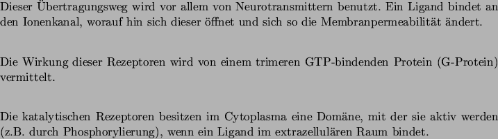 \begin{entry}
\item [Ionenkanal-gekoppelte Rezeptoren] \mbox{} \\
Dieser ber...
...Phosphorylierung), wenn ein
Ligand im extrazellulren Raum bindet.
\end{entry}